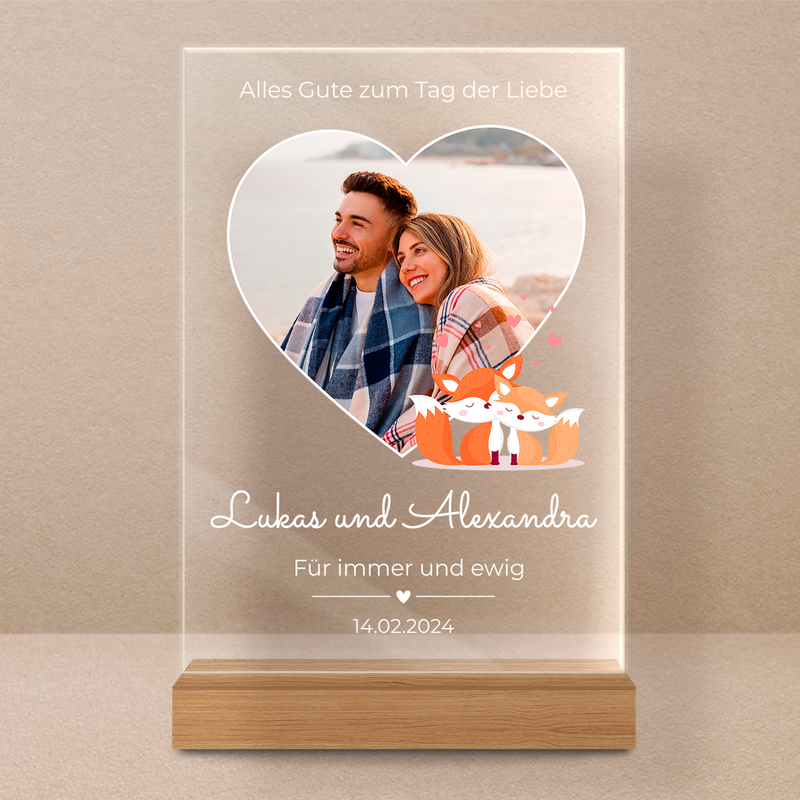 Verliebte Füchse + Foto - Druck auf Glas, personalisiertes Geschenk für Frau