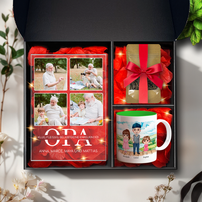 Tasse + Tee + Druck auf Glas LIEBER GROSSVATER - Geschenkset Box 3 in 1, personalisiertes Geschenk für Opa