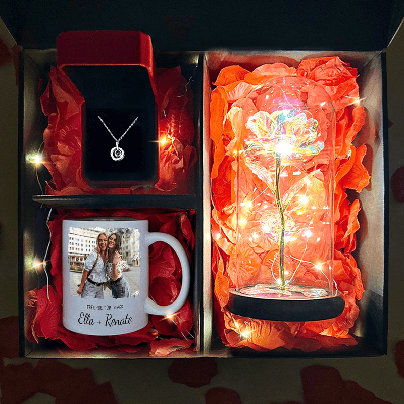 Anhänger + ewige Rose + Tasse bedruckt Freunde für immer Box 3 in 1 - Geschenk-Box-Set, personalisiertes Geschenk für Freundin - Adamell.de