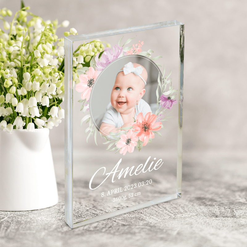 Babyfoto + Aufschrift - Druck auf Glas, personalisiertes Geschenk für Kind - Adamell.de