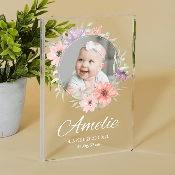 Babyfoto + Aufschrift - Druck auf Glas, personalisiertes Geschenk für Kind - Adamell.de