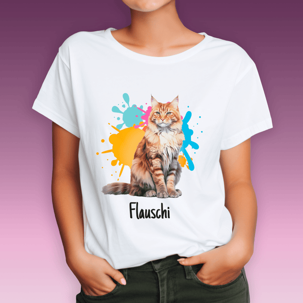 Bedrucktes Damen T-Shirt KATZE + NAME - personalisiertes Geschenk für Katzenbesitzer - Adamell.de