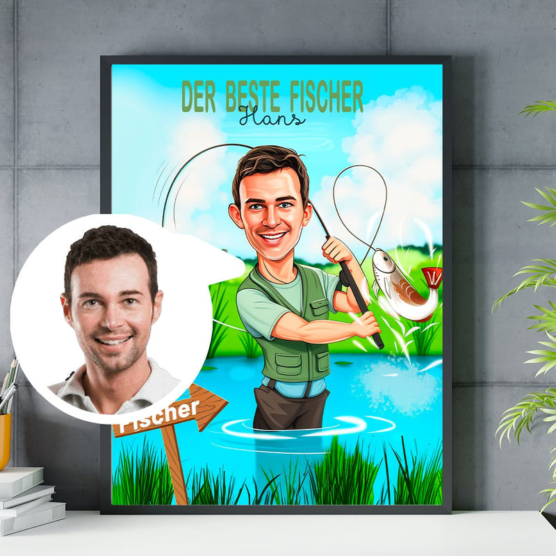 Beste Angler Illustration - Poster, personalisiertes Geschenk für Angler - Adamell.de