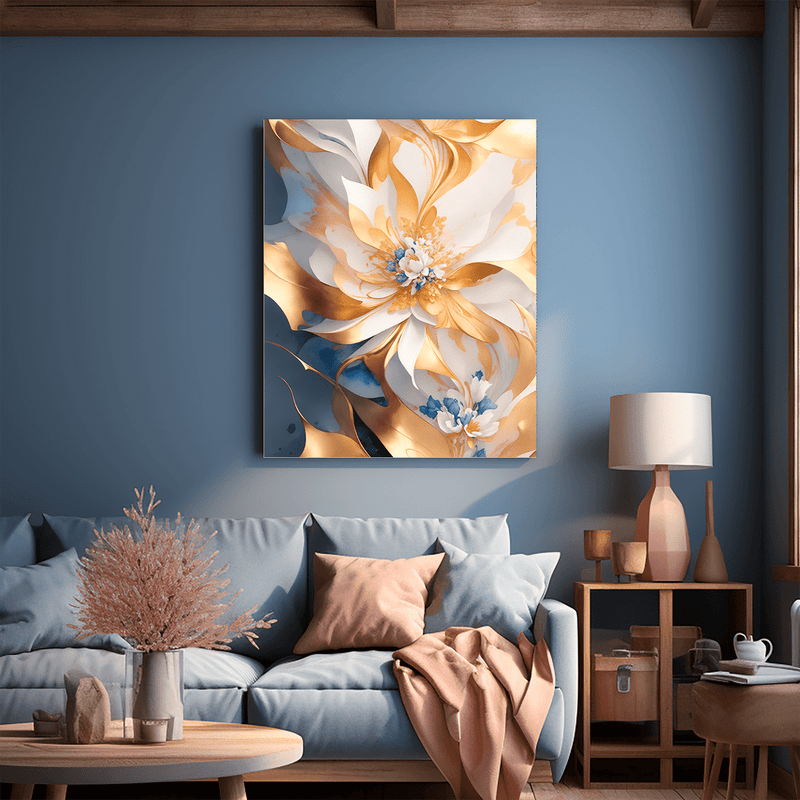 Blaue und goldene Blume - Bild auf Leinwand, originelles Geschenk für Frau - Adamell.de