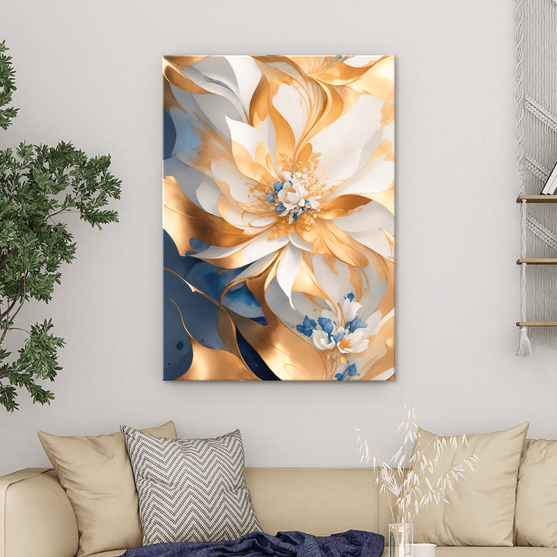 Blaue und goldene Blume - Bild auf Leinwand, originelles Geschenk für Frau - Adamell.de