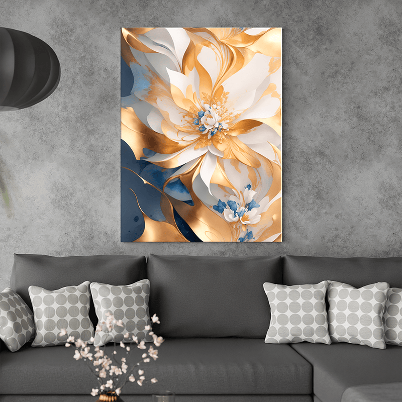 Blaue und goldene Blume - Bild auf Leinwand, originelles Geschenk für Frau - Adamell.de