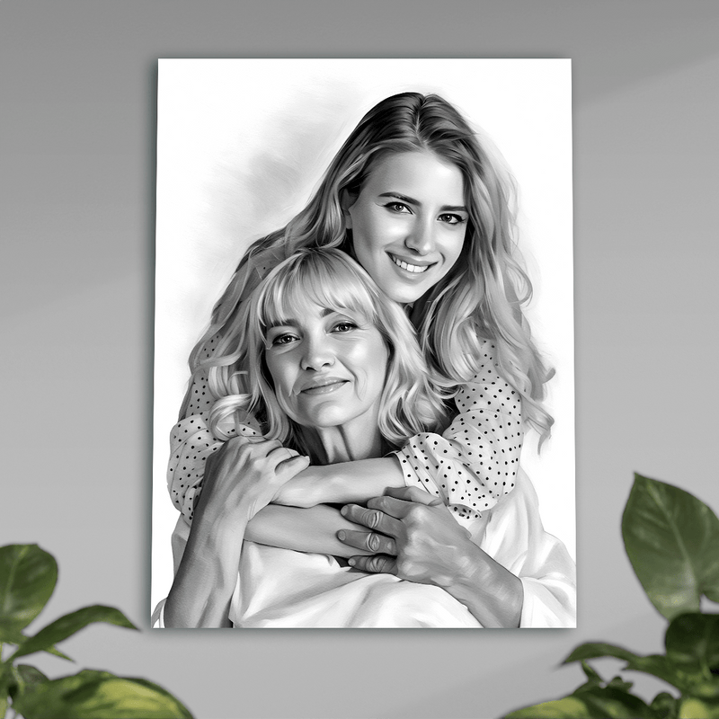 Bleistiftporträt von Mutter und Tochter - Poster, personalisiertes Geschenk für Mama - Adamell.de