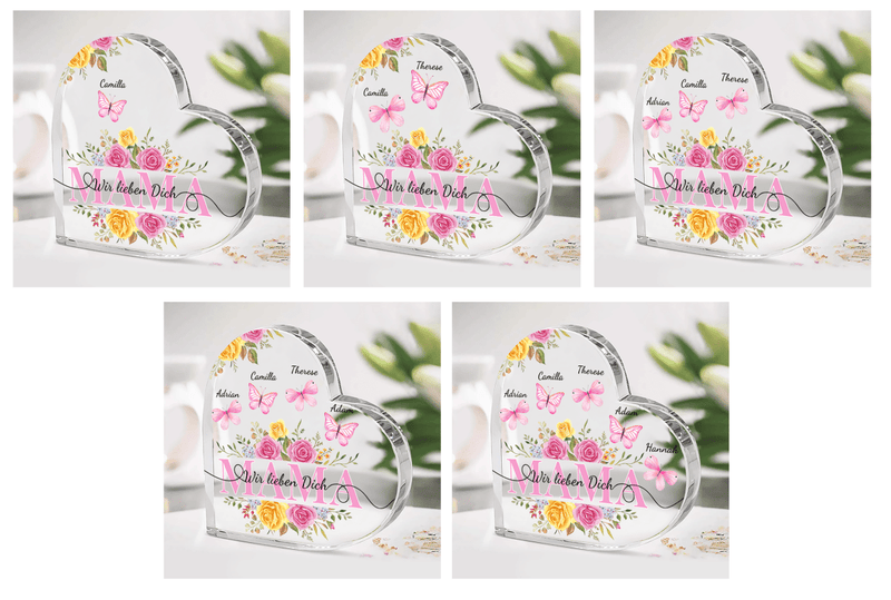 Blumenherz mit Schmetterlinge - Herz aus Glas, personalisiertes Geschenk für Mama - Adamell.de