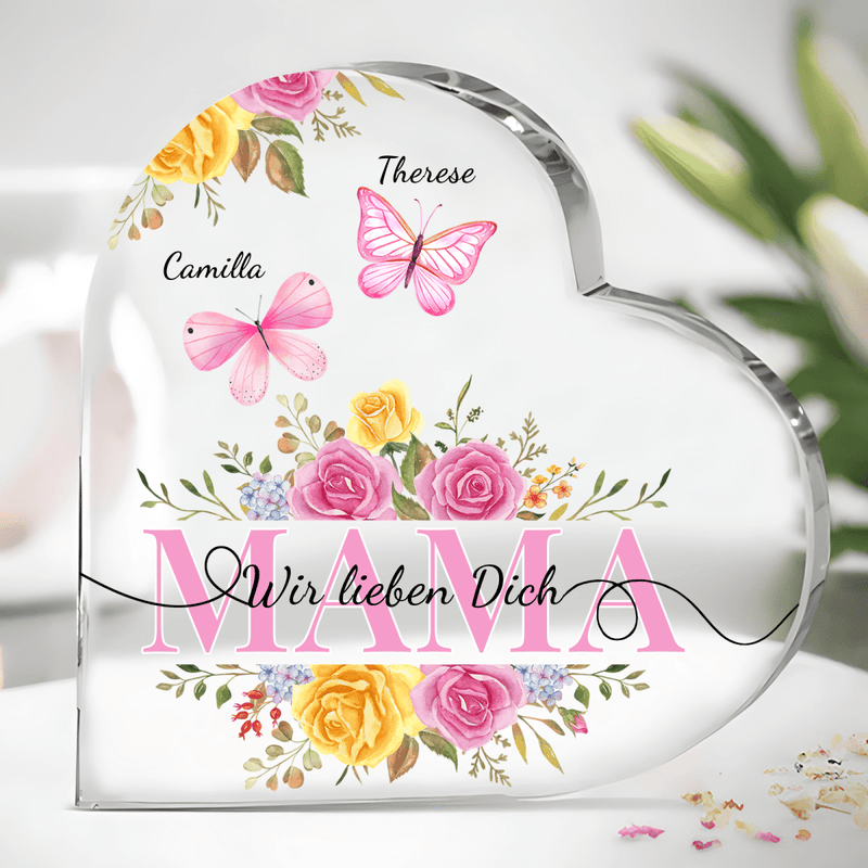 Blumenherz mit Schmetterlinge - Herz aus Glas, personalisiertes Geschenk für Mama - Adamell.de