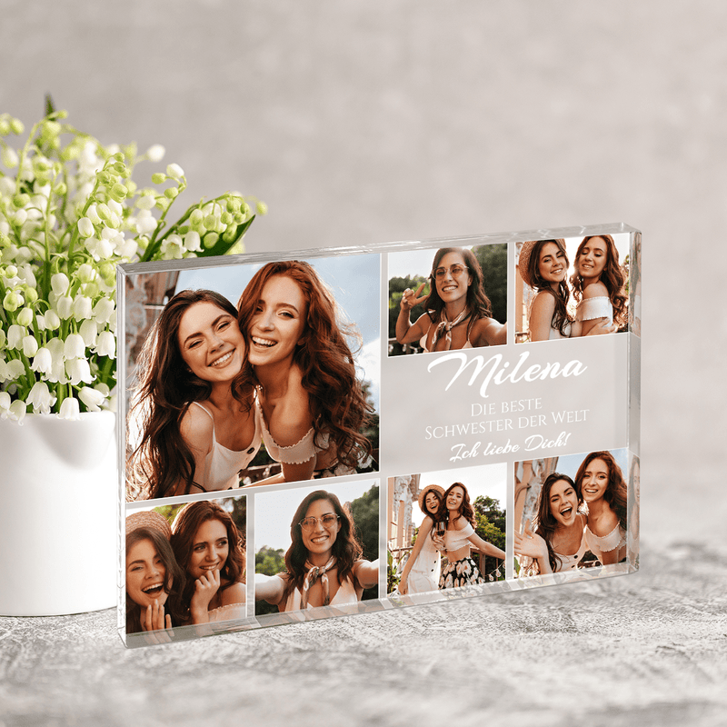 Collage aus 7 Fotos für eine Schwester - Druck auf Glas, personalisiertes Geschenk für Schwester - Adamell.de