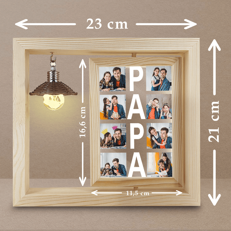Collage aus 8 Fotos für Papa - Druck auf Glas in Holzrahmen + led, personalisiertes Geschenk für Papa - Adamell.de