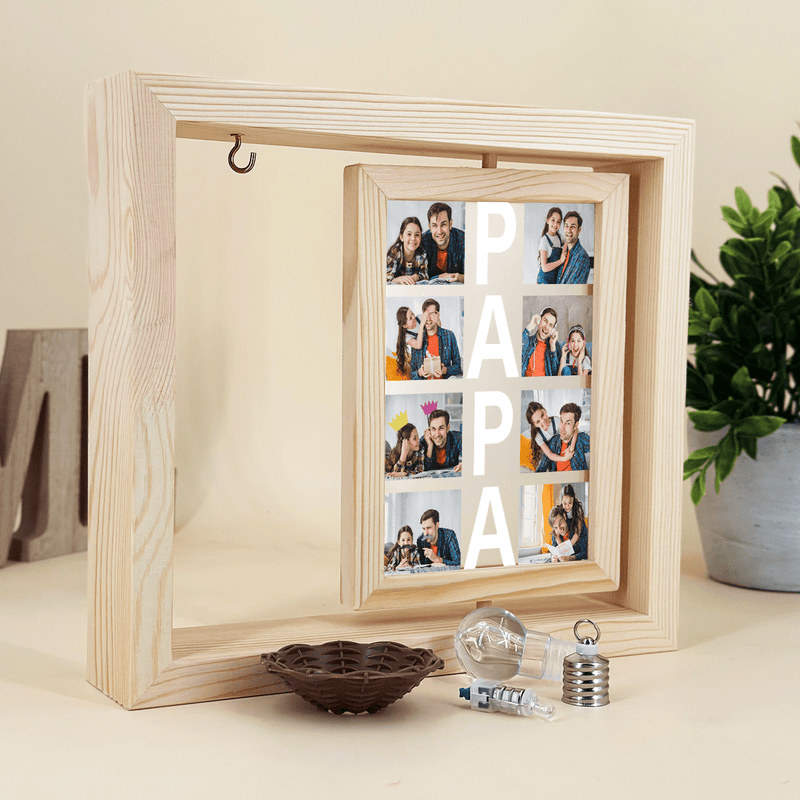 Collage aus 8 Fotos für Papa - Druck auf Glas in Holzrahmen + led, personalisiertes Geschenk für Papa - Adamell.de
