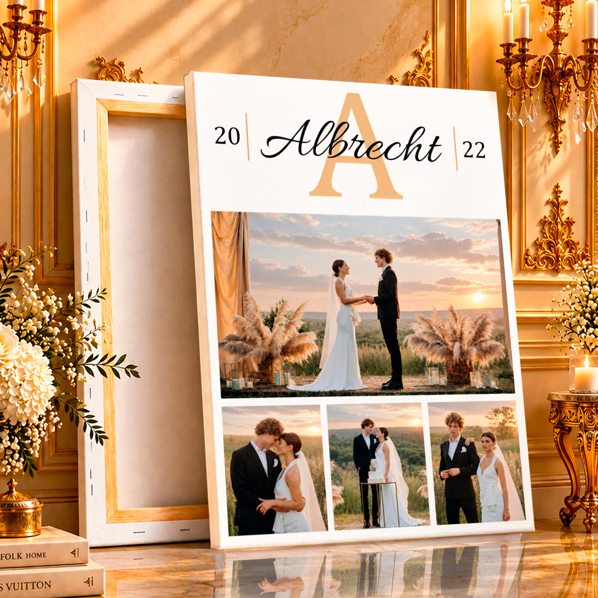 Fotocollage auf Leinwand Monogramm des Brautpaares — Hochzeitsgeschenk