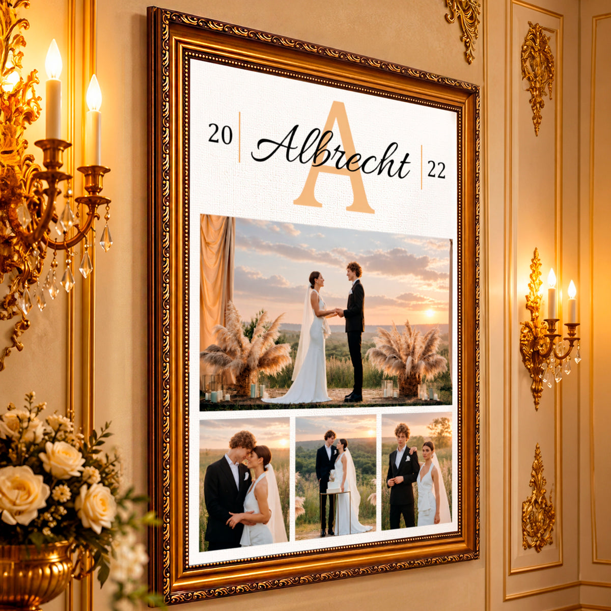 Fotocollage auf Leinwand Monogramm des Brautpaares — Hochzeitsgeschenk