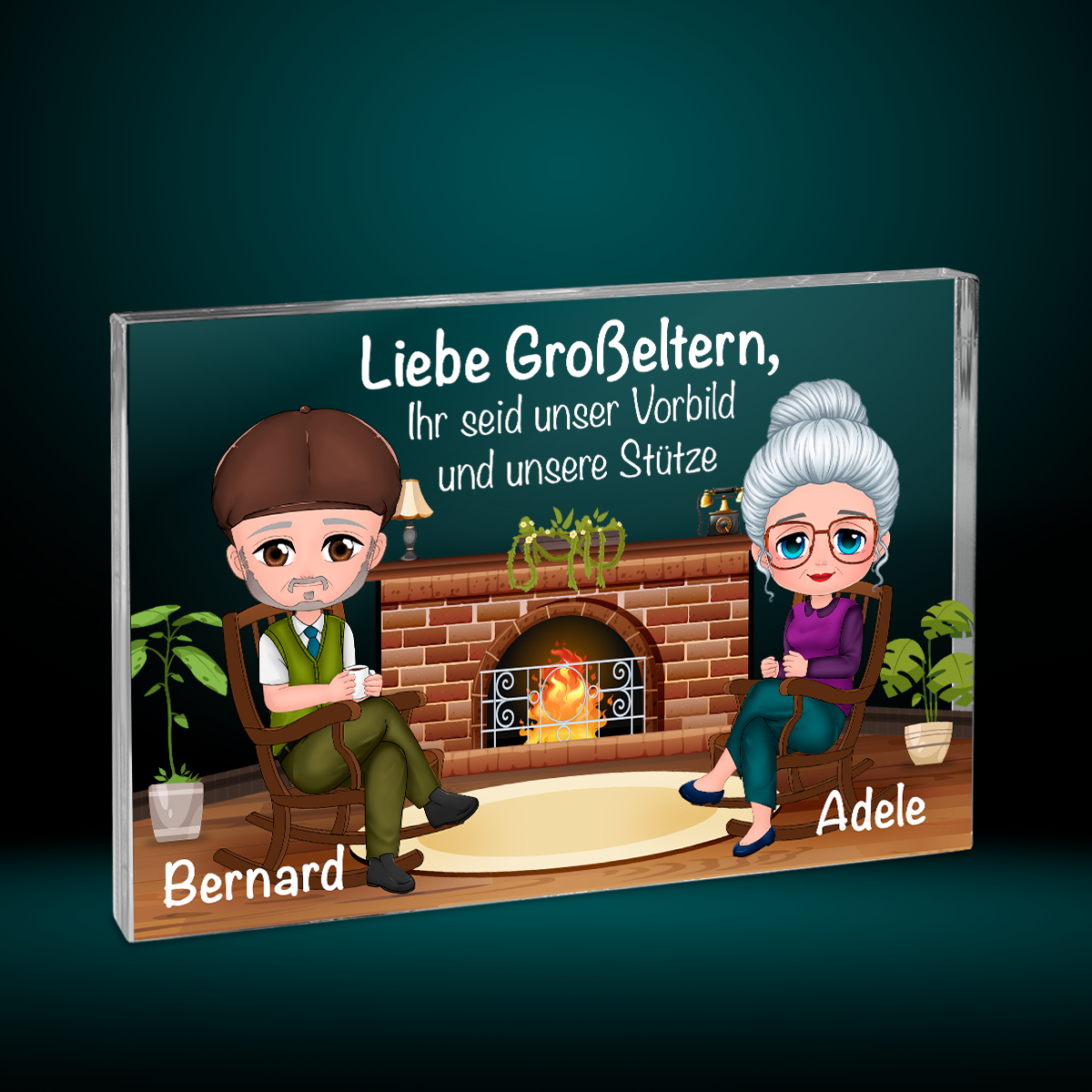 Großeltern am Kamin - Druck auf Glas, personalisiertes Geschenk für Großeltern