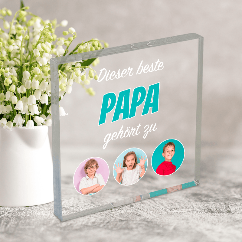 Der beste Papa gehört... - Druck auf quadratischem Glas, personalisiertes Geschenk für Papa - Adamell.de