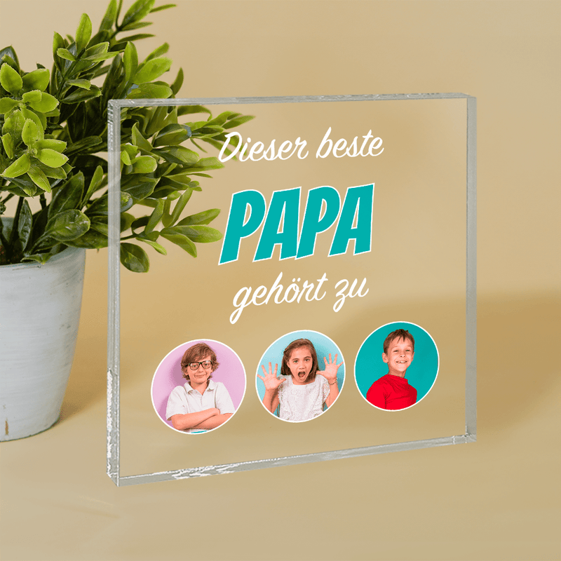 Der beste Papa gehört... - Druck auf quadratischem Glas, personalisiertes Geschenk für Papa - Adamell.de