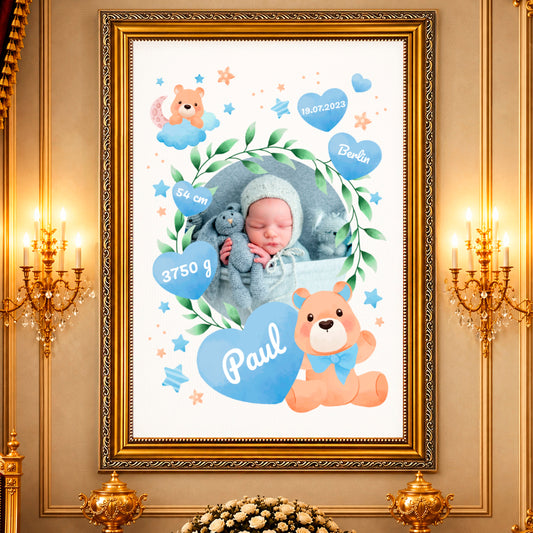Fotocollage auf Leinwand Teddybär mit blauen Herzen — Geschenk zur Geburt