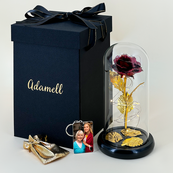 Ewige Rose LED im Glas + TANTE Schlüsselanhänger - Geschenkbox, personalisiertes Geschenk für Tante