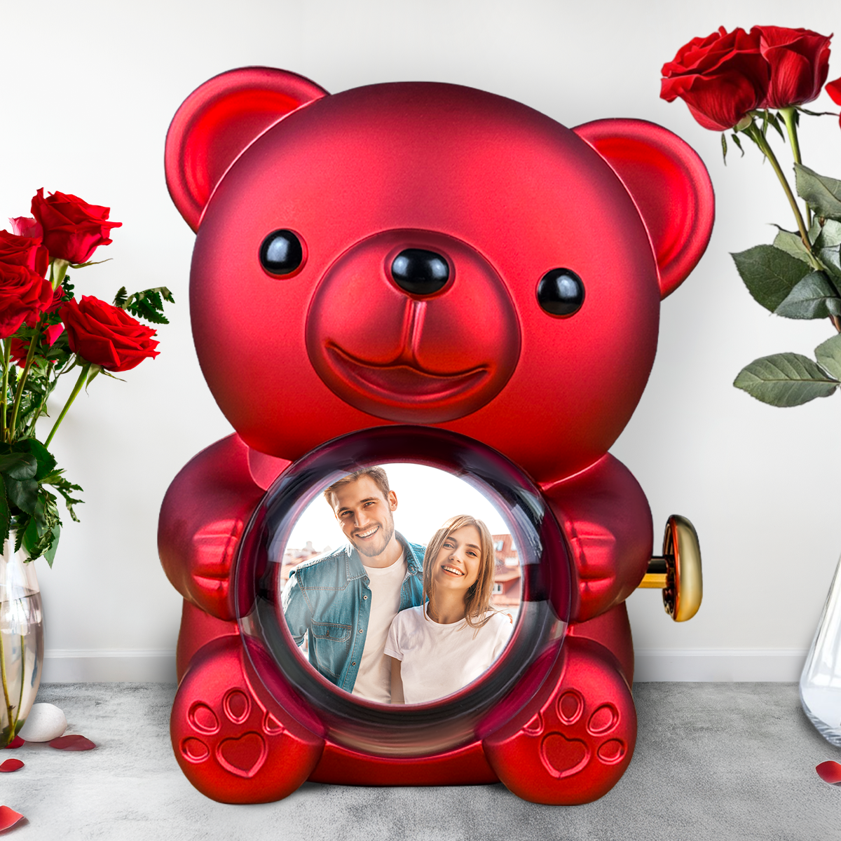 Foto eines verliebten Paares - Teddybär mit ewiger Rose und Aufdruck, personalisiertes Geschenk für Mann