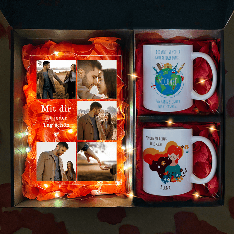 Druck auf Glas + 2 Tassen COLLAGE PAAR - Geschenkset 2 w 1, personalisiertes Geschenk für Paar - Adamell.de