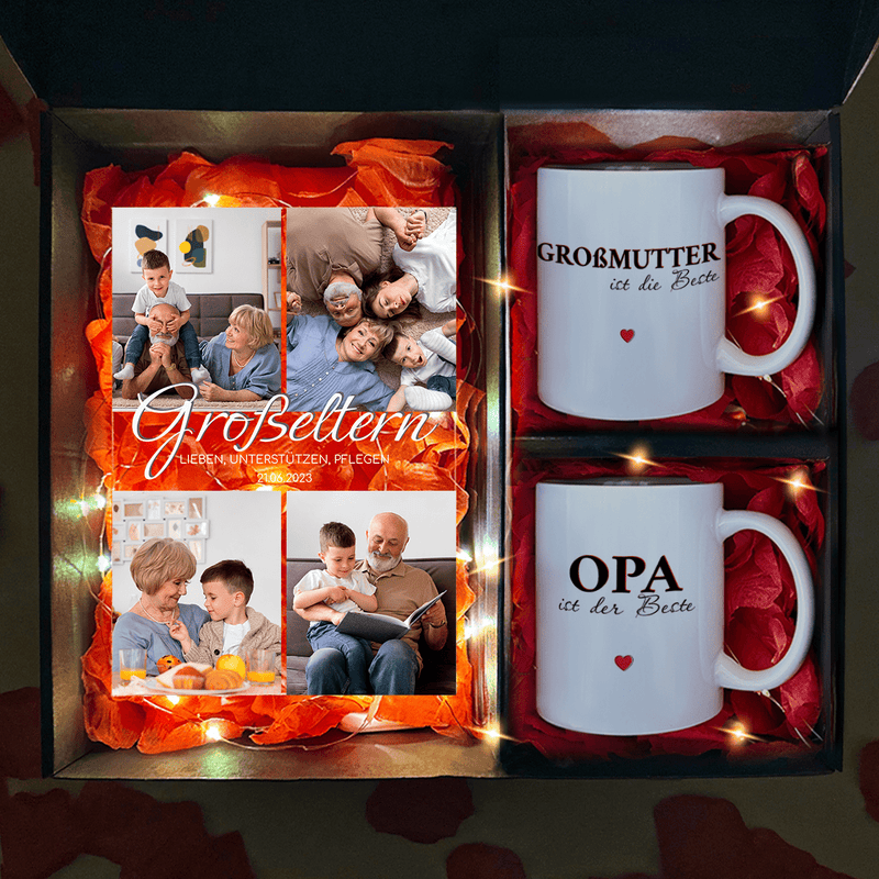 Druck auf Glas + 2 Tassen OMA UND OPA - Geschenkset 2 w 1, personalisiertes Geschenk für Großeltern - Adamell.de