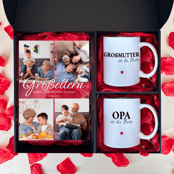 Druck auf Glas + 2 Tassen OMA UND OPA - Geschenkset 2 w 1, personalisiertes Geschenk für Großeltern - Adamell.de