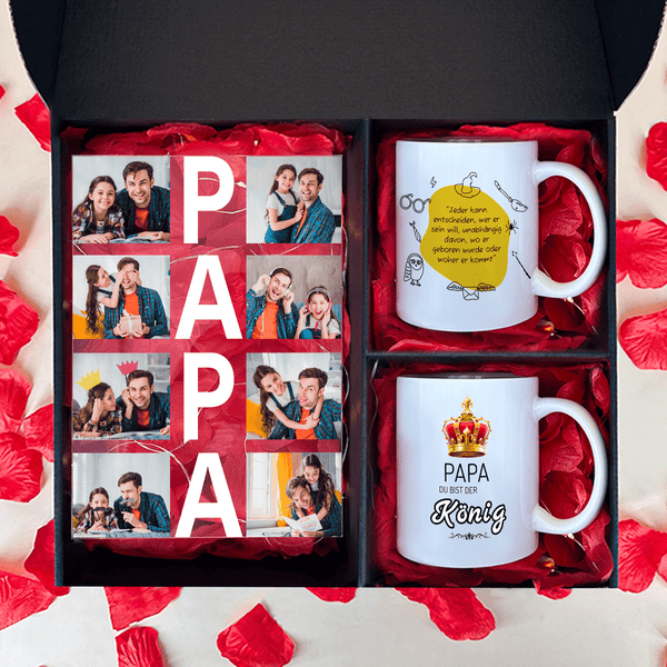 Druck auf Glas + 2 Tassen PAPA KÖNIG - Geschenkset 2 in 1, personalisiertes Gesachenk für Papa - Adamell.de