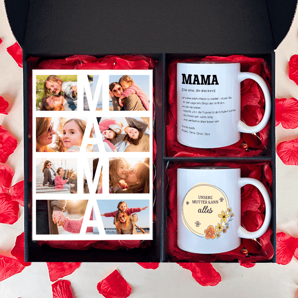 Druck auf Glas + 2 Tassen UNSERE MUTTER - Geschenkset 2 in 1, personalisiertes Geschenk für Mama - Adamell.de