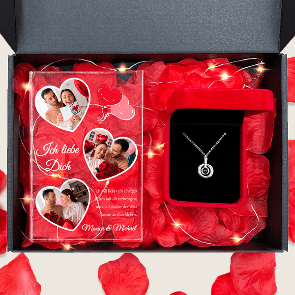 Druck auf Glas MEINE LIEBE + Anhänger Box 2 in 1 - Geschenkset, personalisiertes Geschenk für Paar - Adamell.de