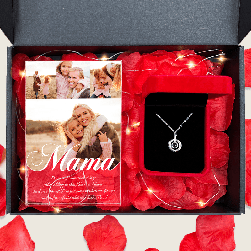 Druck auf Glas MEINE MAMA + Anhänger Box 2 in 1 - Geschenkset, personalisiertes Geschenk für Mama - Adamell.de