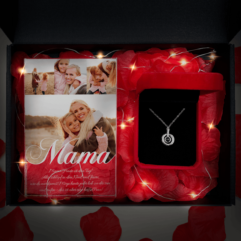 Druck auf Glas MEINE MAMA + Anhänger Box 2 in 1 - Geschenkset, personalisiertes Geschenk für Mama - Adamell.de