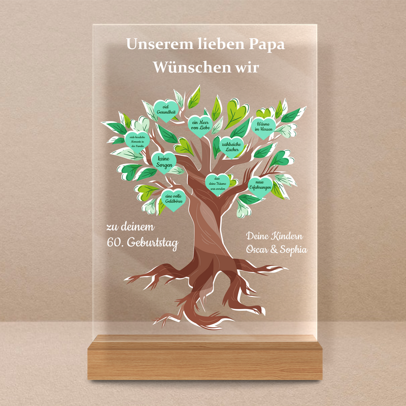 Wunschbaum zum 60. Geburtstag des Papas - Druck auf Glas, personalisiertes Geschenk für Papa