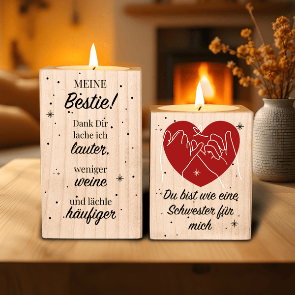 Du bist für mich wie eine Schwester - 2 x Kerzenständer aus Holz, personalisiertes Geschenk für Freundin - Adamell.de