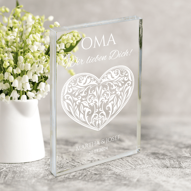 Ein Herz für unsere Großmutter - Druck auf Glas, personalisiertes Geschenk für Oma - Adamell.de