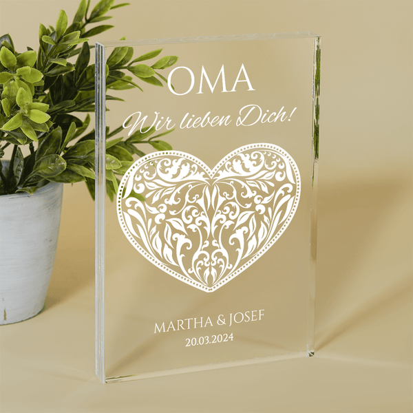Ein Herz für unsere Großmutter - Druck auf Glas, personalisiertes Geschenk für Oma - Adamell.de