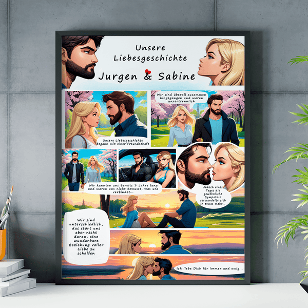 Eine Lovestory im Comic - Stil - Poster, personalisiertes Geschenk für Paar - Adamell.de