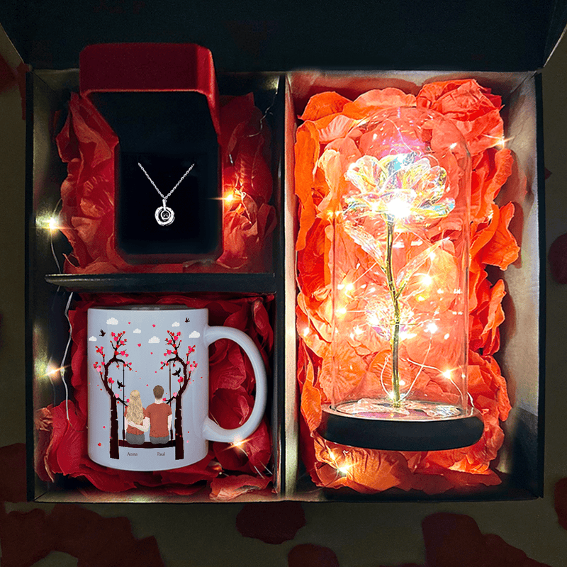Ewige Rose + bedruckte Tasse PAAR + Anhänger box 3 in 1 - Geschenkset, personalisiertes Geschenk für Frau - Adamell.de