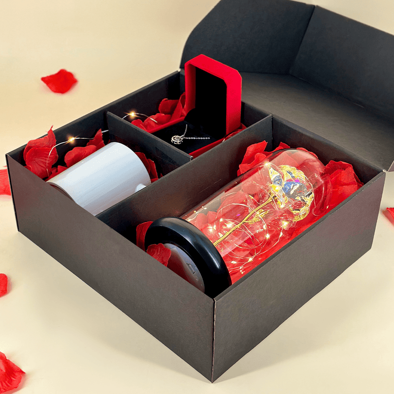 Ewige Rose + bedruckte Tasse PAAR + Anhänger box 3 in 1 - Geschenkset, personalisiertes Geschenk für Frau - Adamell.de