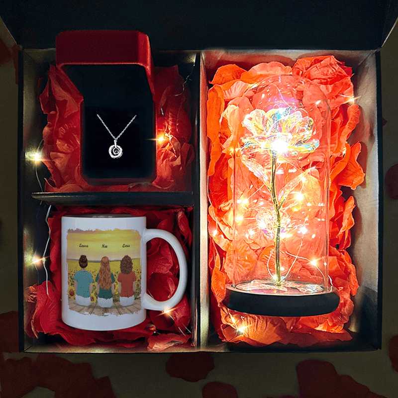 Ewige Rose + bedruckte Tasse SCHWESTERN + Anhänger box 3 in 1 - Geschenkset, personalisiertes Geschenk für Schwester - Adamell.de