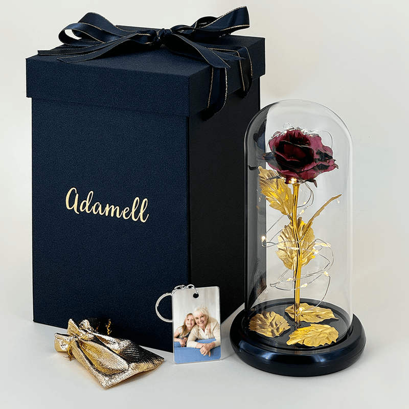 Ewige Rose LED im Glas + OMA Schlüsselanhänger - Geschenkbox, personalisiertes Geschenk für Oma - Adamell.de