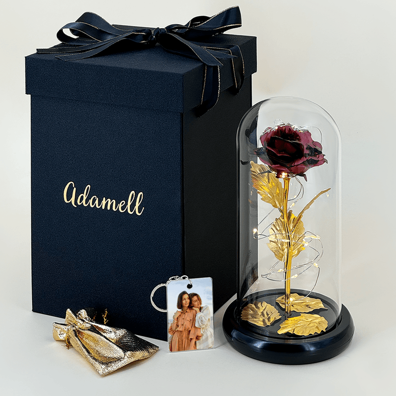 Ewige Rose LED im Glas + SCHWESTER Schlüsselanhänger - Geschenkbox, personalisiertes Geschenk für Schwester - Adamell.de