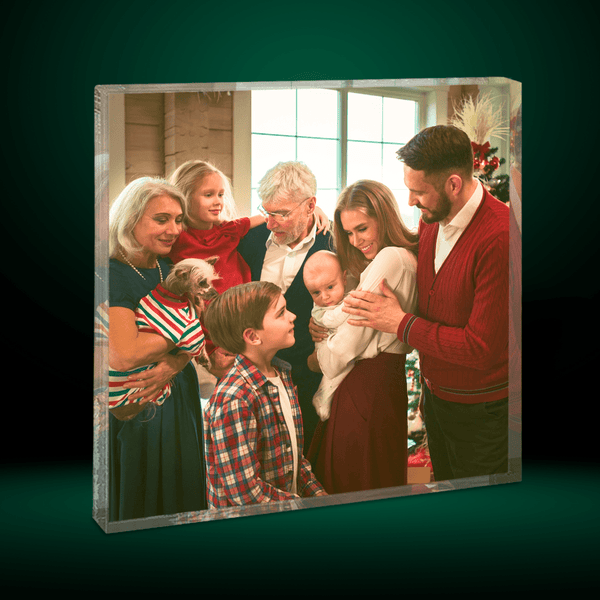 Familienfoto zu Weihnachten - Druck auf quadratischem Glas, personalisiertes Geschenk für Eltern - Adamell.de