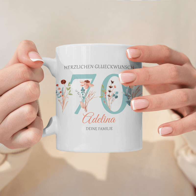 Florales Muster 70 Jahre alt - 1x bedruckte Tasse, personalisiertes Geschenk für Frau - Adamell.de