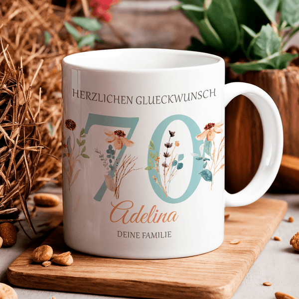 Florales Muster 70 Jahre alt - 1x bedruckte Tasse, personalisiertes Geschenk für Frau - Adamell.de