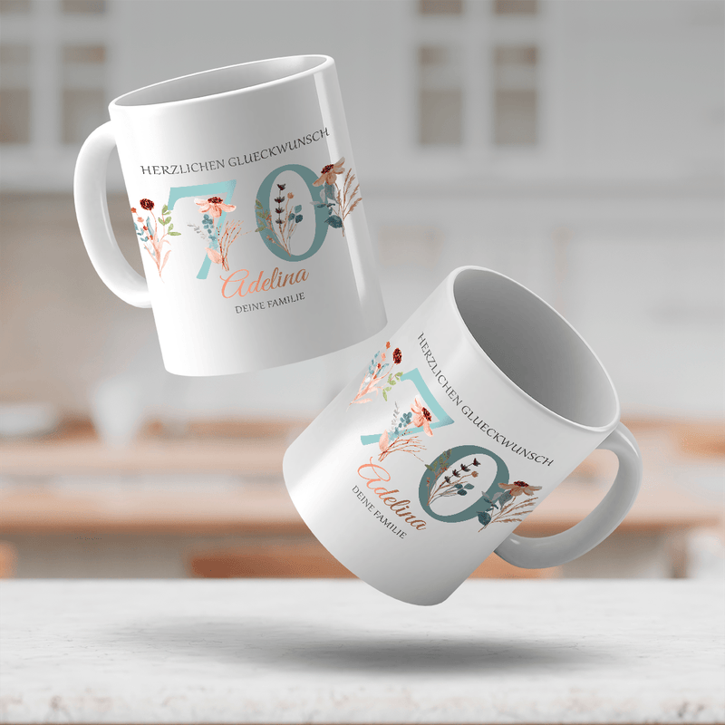 Florales Muster 70 Jahre alt - 1x bedruckte Tasse, personalisiertes Geschenk für Frau - Adamell.de