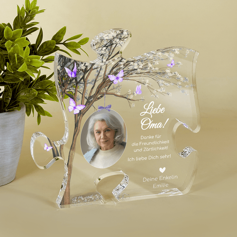 Foto der Oma + Danksagung - Druck auf Glas - das Puzzle, personalisiertes Geschenk für Oma - Adamell.de