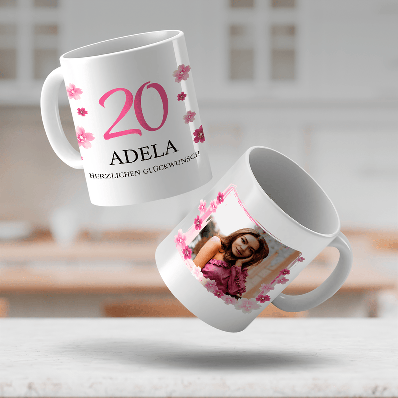 Foto in Blumen 20 Jahre - 1x bedruckte Tasse, personalisiertes Geschenk für Frau - Adamell.de