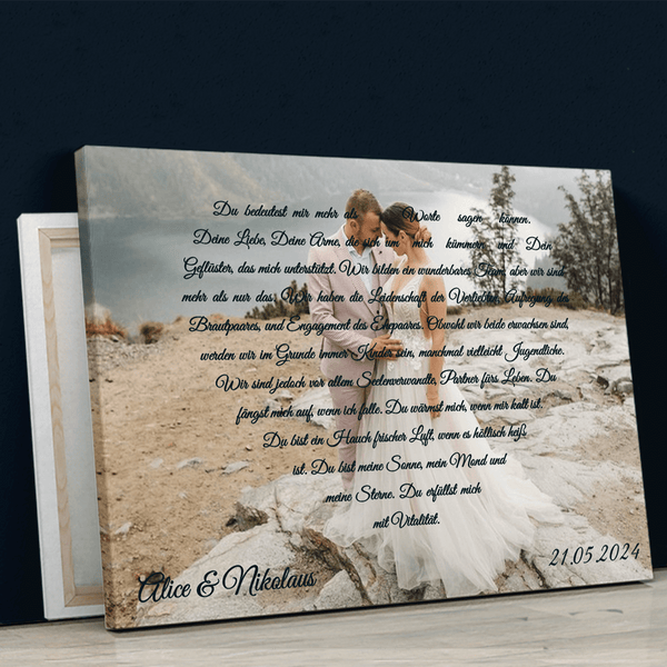 Foto mit Text in Herzen - Druck auf Leinwand, personalisiertes Geschenk für Paar - Adamell.de