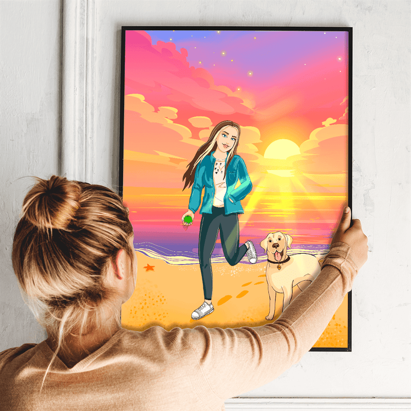 Frau am Strand Illustration - Poster, personalisiertes Geschenk für Frau - Adamell.de